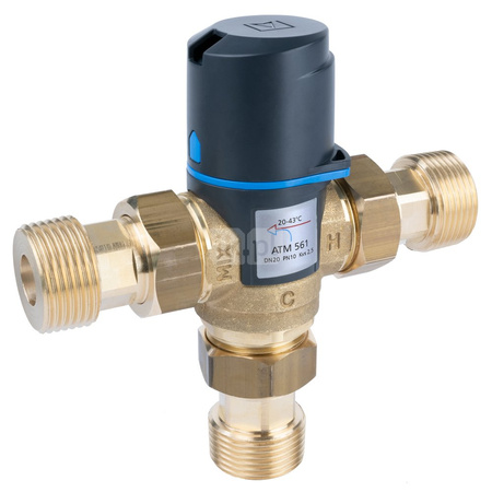 Zawór regulacyjny termostatyczny do wody ciepłej AFRISO ATM 561 ze śrubunkami mosiądz GZ 1'', DN 20, zakres temp. 20...43'C, Kvs 2.5m3/h, max. 90'C, max. 10bar