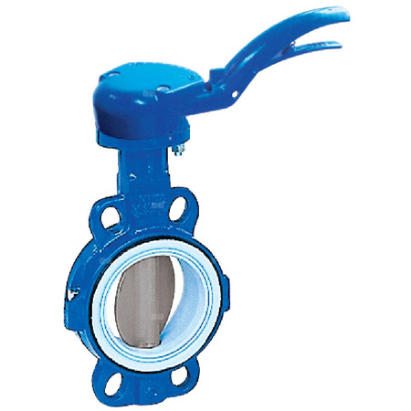 Przepustnica bezkołnierzowa TILIS z napędem ręcznym dźwigniowym, dysk: AISI316, wykładzina: PTFE, korpus: GGG40 epoksyd., Pnom 1,0 MPa, tmax=150 st.C DN 80