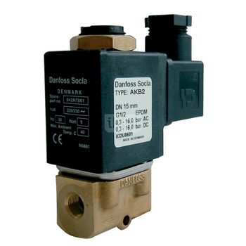 Typ AKB2 - zawór elektromagnetyczny bezpośredniego działania wraz z cewką, normalnie zamknięty, zasilanie: 24V 50Hz, uszczelki i membrana: FKM, Pnom 3,5 MPa, tmax=100 st.C. 1/4''