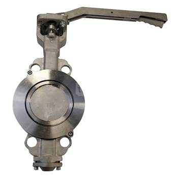 Przepustnica bezkołnierzowa EMARIS z dźwignią reczną, dysk: AISI316, wykładzina: PTFE +15% Grafit, korpus: AISI316, Pnom 2,5 MPa, tmax=260 st.C DN 150