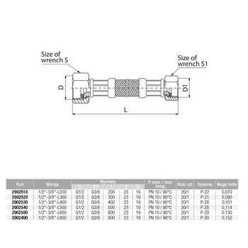 Wąż przyłączeniowy elastyczny VALVEX Viper Plus z oplotem (stal nierdzewna), GW x GW, 1/2'' x 3/8'', długość 300 mm