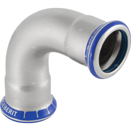 Kolano 90' GEBERIT Mapress Edelstahl FKM, stal nierdzewna / stal nierdzewna, 108 mm, DN 100 x 108 mm x DN 100 (mufa zaprasowywana x mufa zaprasowywana), (głębokość: 155 mm) z uszczelką