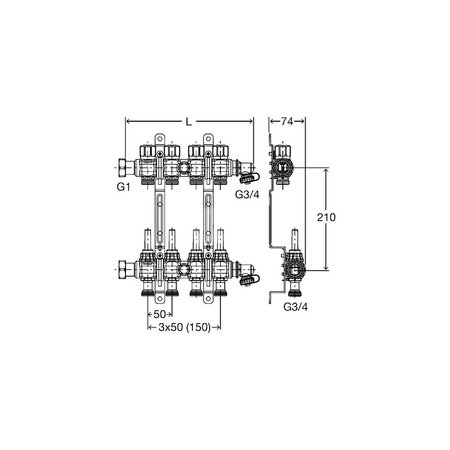 Rozdzielacz obwodów grzejnych DN25 stal nierdzewna, Eurokonus, nakrętka złączkowa G1, uszczelnienie płaskie, nr wzoru 1010 n: 3 L: 240
