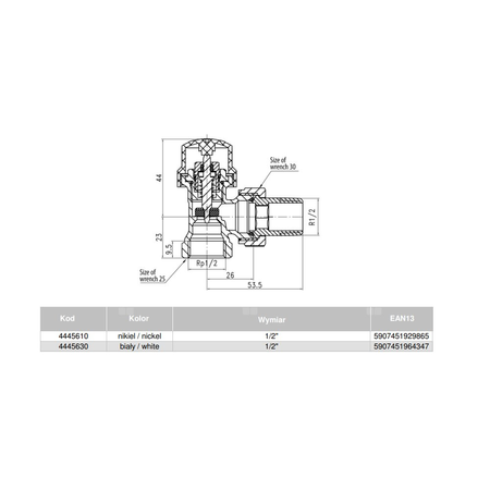 Zawór grzejnikowy VALVEX IRIS kątowy, połączenie 1/2'' x 1/2'' (niklowany)