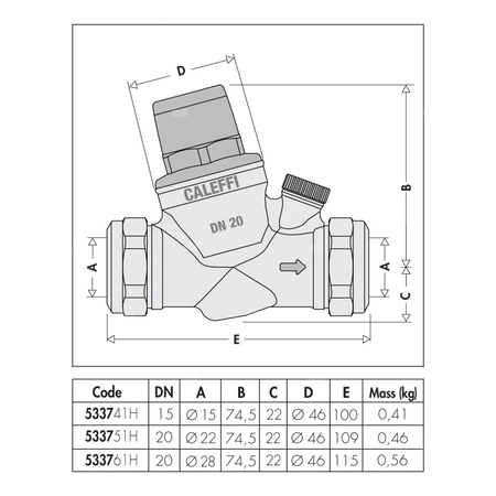 Regulator ciśnienia CALEFFI 5337H, złącze zaciskowe 15, 16 bar, wersja skośna