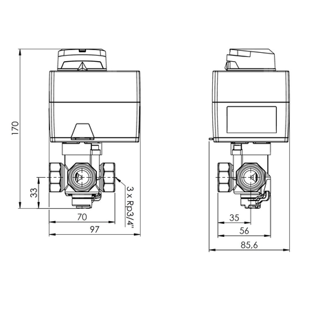 Zawór obrotowy trójdrogowy AFRISO ARV 382 Vario ProClick, mieszający, Siłownik elektryczny ARM 343, DN 20