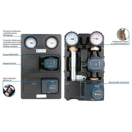 Grupa pompowa AFRISO PrimoTherm K 180-2 DN 25 AP 3-WM-SM GZ x GW 1 1/2'' x 1'', z zaworem mieszającym, z izolacją, z pompą obiegową AFRISO APH 361 25-7/180 mm, z siłownikiem arm 343 proclick