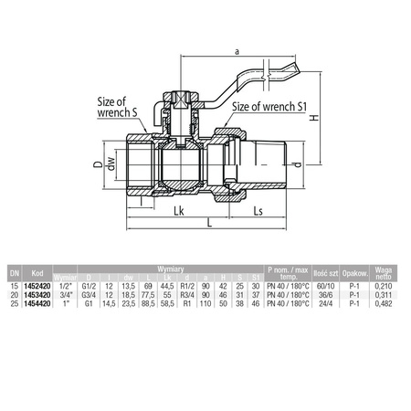 Zawór kulowy VALVEX Onyx mosiądz niklowany, PN40 1'' GZ x GW z półśrubunkiem, uchwyt: dźwignia
