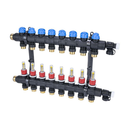 Rozdzielacz do ogrzewania podłogowego AFRISO ProCalida EF1 K 8-obieg. poliamid GZ 1" x Eurocono 3/4" + przepływomierz + zawór napełn/spust