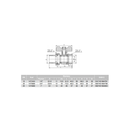 Zawór kulowy VALVEX Oro mosiądz niklowany, PN16 1'' GZ x GW z półśrubunkiem, uchwyt: motylek