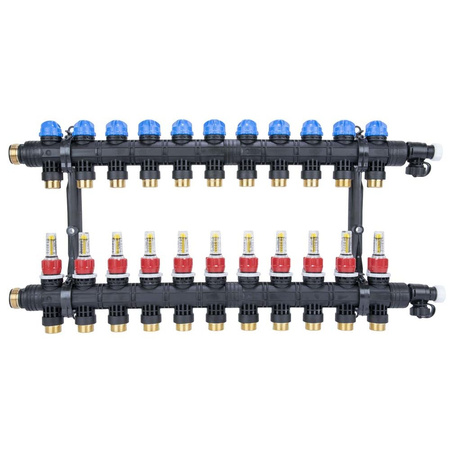 Rozdzielacz do ogrzewania podłogowego AFRISO ProCalida EF1 K 11-obieg. poliamid GZ 1" x Eurocono 3/4" + przepływomierz + zawór napełn/spust