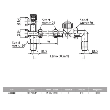 Zestaw przyłączeniowy grzejnikowy dwururowy VALVEX Vector Lux 3/4'' x 3/4'', zawór kątowy