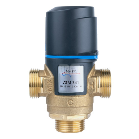 Zawór regulacyjny termostatyczny do wody ciepłej AFRISO ATM 341 ze śrubunkami mosiądz GZ 3/4'', DN 15, zakres temp. 20...43'C, Kvs 1.6m3/h, max. 90'C, max. 10bar