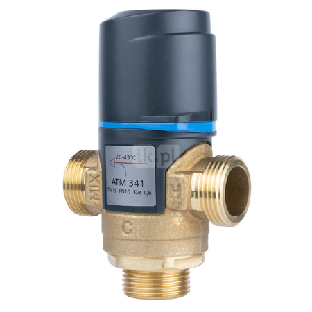 Zawór regulacyjny termostatyczny do wody ciepłej AFRISO ATM 341 ze śrubunkami mosiądz GZ 3/4'', DN 15, zakres temp. 20...43'C, Kvs 1.6m3/h, max. 90'C, max. 10bar