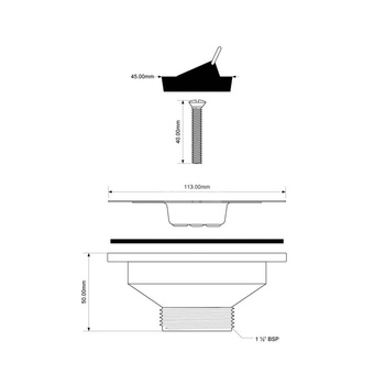 Spust zlewozmywakowy 11/2"x113mm z sitem ze stali nierdzewnej i korkiem gumowym