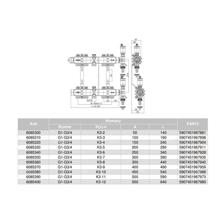 Rozdzielacz hydrauliczny VALVEX Base K4-12 stal nierdzewna, odgałęzień: 12 (3/4''), do CO + zawory termostatyczne