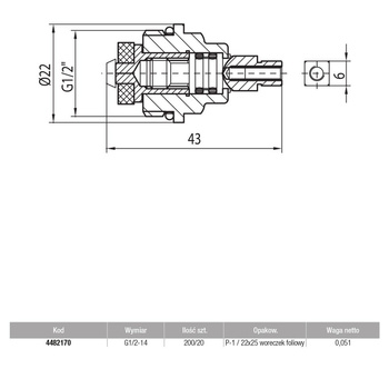Wkładka zaworowa do grzejników VALVEX Activ mosiądz 1/2'', długość 43 mm