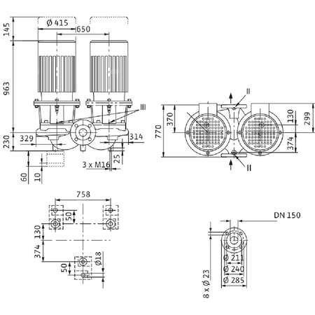 Pompa obiegowa WILO CronoTwin-DL 150/305-30/4-S1 typu in-line z silnikiem znormalizowanym 50 Hz, moc silnika 30kW 54.3 A 1450 obr/min, wlot Kołnierz DN 150