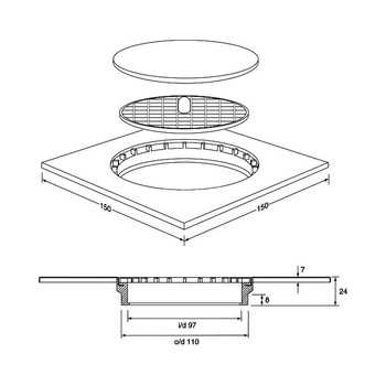 Kratka podłogowa wykonana z stali nierdzewnej 150x150mm