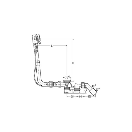 Multiplex Trio-komplet odpływowo-przelewowy jednostka funkcyjna nr wzoru 6161.72 DN: 40/50 długość cięgna Bowdena: 1070 L: 130–680 H: 180–480 wanna o długości niestandardowej do wanien z otworem odpływowym fi 52