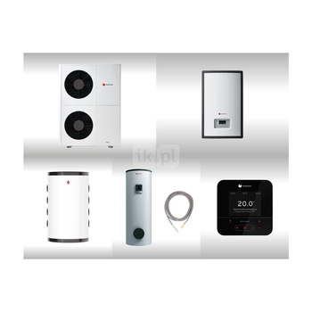 Pompa ciepła powietrzna powietrze-woda monoblok SAUNIER DUVAL GeniaAir HA 10-6 O 9.2 kW 400 V + Moduł naścienny HE 9-6 WB + Moduł komunikacji internetowej SR 940f + Zasobnik c.w.u. FEW 300 + Zasobnik buforowy WN RW 50 + Regulator SRC 720