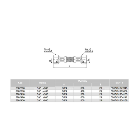 Wąż przyłączeniowy elastyczny VALVEX Viper Plus z oplotem (stal nierdzewna), GW x GW, 3/4'' x 3/4'', długość 300 mm