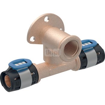 Trójnik przyłączeniowy T Geberit FlowFit 90 st. z odsadzeniem: Materiał=Brąz bezołowiowy (CuSn4Zn2PS), d=20mm, Rp=1/2 ", d1=20mm, L=3.6cm