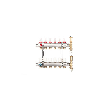 Rozdzielacz hydrauliczny VALVEX Base K5-5 stal nierdzewna 1'', odgałęzień: 5 (3/4'') + zawory termostatyczne + przepływomierze
