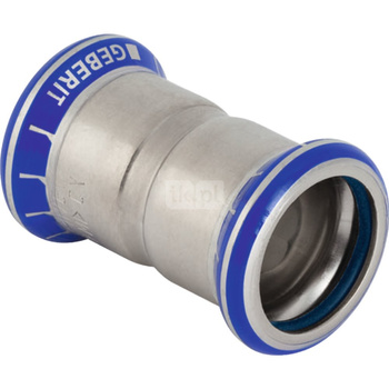 Mufa GEBERIT Mapress Edelstahl FKM, stal nierdzewna / stal nierdzewna, 15 mm, DN 12 x 15 mm x DN 12 (mufa zaprasowywana x mufa zaprasowywana), (głębokość: 4 mm) z uszczelką