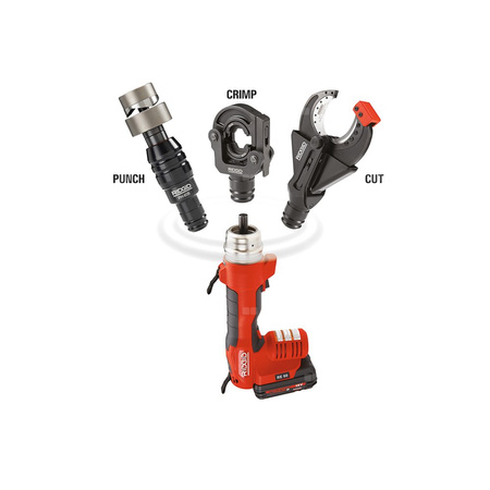 Elektronarzędzie RE 60 z głowicą nożycową SC-60C, okrągłą głowicą zaciskową LR-60B i głowicą do wybijania otworów PH-60B