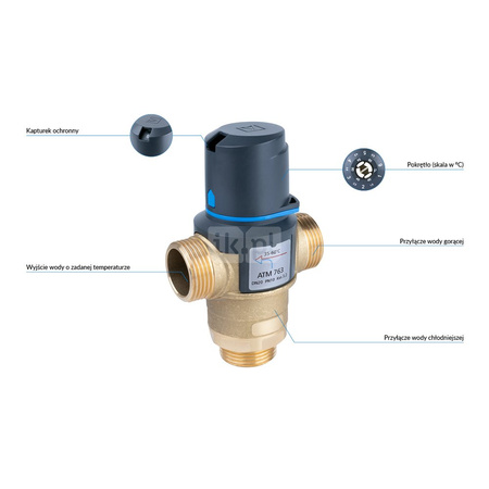 Zawór regulacyjny termostatyczny do wody ciepłej AFRISO ATM 763 mosiądz GZ 1'', DN 20, zakres temp. 35...60'C, Kvs 3.2m3/h, max. 110'C, max. 10bar