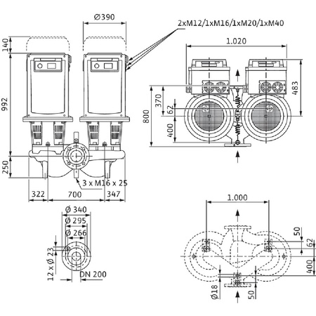 Pompa obiegowa WILO CronoTwin-DL-E 200/260-22/4-R1-S1 typu in-line z silnikiem znormalizowanym 50/60 Hz, moc silnika 22kW 37.5 A 1450 obr/min, wlot Kołnierz DN 200