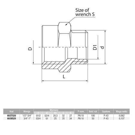 Złącze VALVEX V-Pex redukcja, mosiądz, 1'' x 3/4'' (GW x GZ), 35 mm