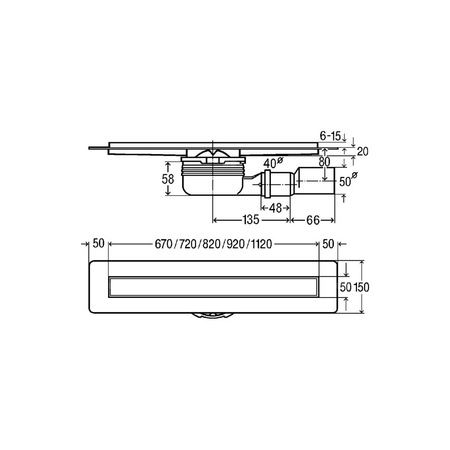 Odpływ prysznicowy prostokątny VIEGA 498320, 1200 x 150 x 121 mm, dł: 1120 mm, szer: 50 mm, z syfonem