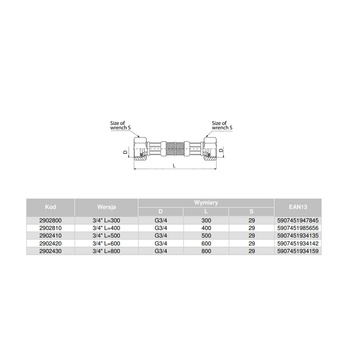 Wąż przyłączeniowy elastyczny VALVEX Viper Plus z oplotem (stal nierdzewna), GW x GW, 3/4'' x 3/4'', długość 500 mm