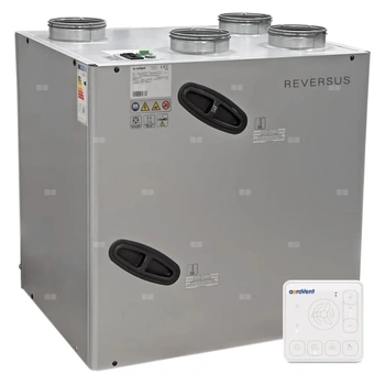 Rekuperator Reversus 600+ z panelem Wi-Fi, z entalpicznym wymiennikiem przeciwprądowym (wydatek 580 m³/h), z by-passem, z nagrzewnicą wstępną, z uchwytami mocującymi do ściany