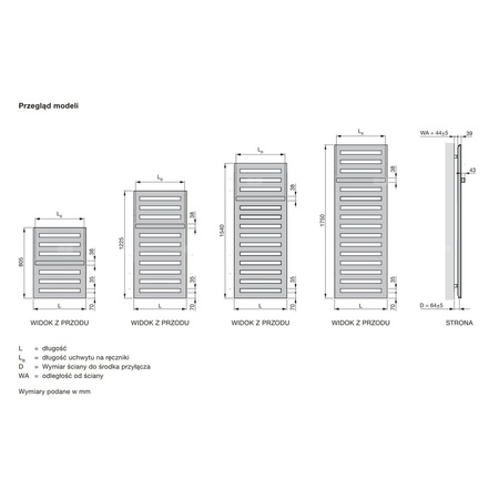 Grzejnik drabinkowy ZEHNDER Metropolitan Bar, wym. 805 x 400 mm, kolor biały RAL9016, moc 323W