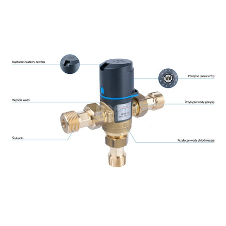 Zawór regulacyjny termostatyczny do wody ciepłej AFRISO ATM 341 ze śrubunkami mosiądz GZ 3/4'', DN 15, zakres temp. 20...43'C, Kvs 1.6m3/h, max. 90'C, max. 10bar