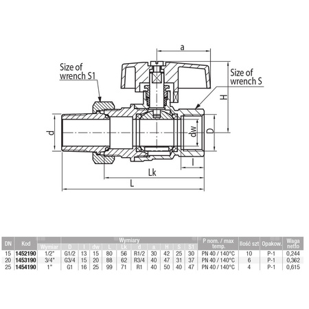 Zawór kulowy VALVEX Tryton mosiądz niklowany, PN40 1'' GZ x GW z półśrubunkiem, uchwyt: motylek