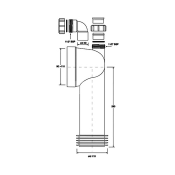 Przyłącze kanalizacyjne, długie L-275mm,wejście 90-110mm,wyjście 110mm, kąt 90 z odejściem 40mm