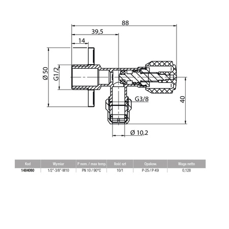 Zawór wodny VALVEX Base GZ 1/2'' x gz z nakrętką 3/8''