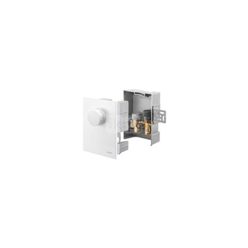 Unibox TQ-RTL, regulator temperatury pomieszczenia i ogranicznik temperatury powrotu, z termostatem Uni FHU i zaworem Q-tech, z maskownicą z tworzywa, białą, ze zintegrowanym pokrętłem