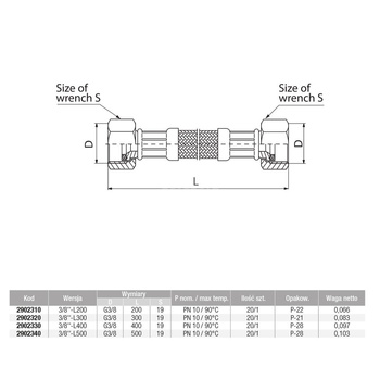 Wąż przyłączeniowy elastyczny VALVEX Viper Plus z oplotem (stal nierdzewna), GW x GW, 3/8'' x 3/8'', długość 300 mm