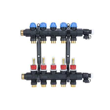 Rozdzielacz do ogrzewania podłogowego AFRISO ProCalida EF1 K 5-obieg. poliamid GZ 1" x Eurocono 3/4" + przepływomierz + zawór napełn/spust