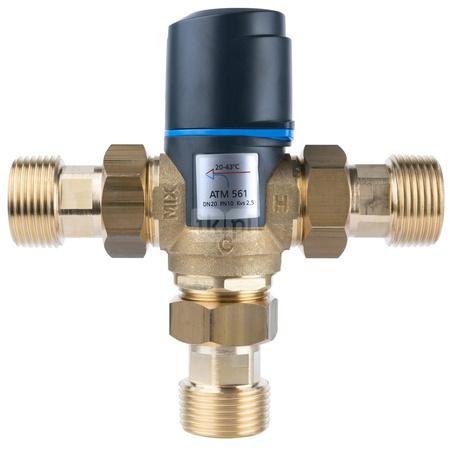 Zawór regulacyjny termostatyczny do wody ciepłej AFRISO ATM 561 ze śrubunkami mosiądz GZ 1'', DN 20, zakres temp. 20...43'C, Kvs 2.5m3/h, max. 90'C, max. 10bar