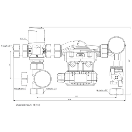 Grupa pompowa AFRISO BTU 501 AP nakrętka x nakrętka 1'' x 1'', z zaworem termostatycznym, z pompą obiegową AFRISO APH 160 15-7/130 mm