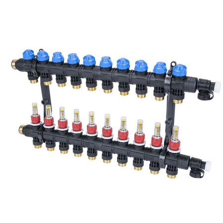 Rozdzielacz do ogrzewania podłogowego AFRISO ProCalida EF1 K 10-obieg. poliamid GZ 1" x Eurocono 3/4" + przepływomierz + zawór napełn/spust