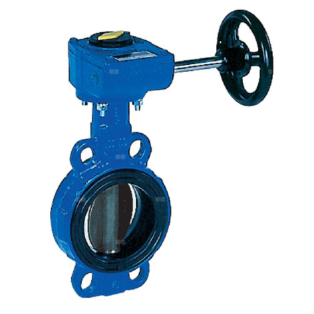 Przepustnica bezkołnierzowa SYLAX GAS z przekładnią ślimakową, dysk: GGG40 powl. poliamidem, wykładzina: NBR, korpus: GGG40 epoksyd., Pnom 0,6 MPa, tmax=60 st.C DN65