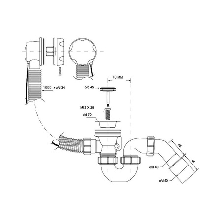Zestaw odpływ-przelew.wannowy z odejściem 40/50mm,z mech.autom.1000mm pokrętło mosiądz SATYNA