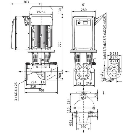 Pompa obiegowa WILO CronoLine IL-E 150/200 -7,5/4-R1-S1 typu in-line z silnikiem znormalizowanym 50/60 Hz, moc silnika 7.5kW 13.7 A 1450 obr/min, wlot Kołnierz DN 150